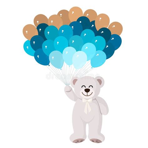 Cute Teddy Bear Flying on Air Blue and Gold Balloons Stock Illustration - Illustration of plush ...