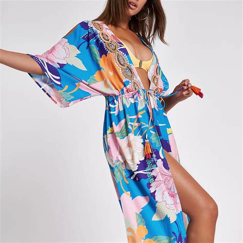 Blue print embellished maxi beach kaftan - Kaftans & Beach Cover-Ups - Swimwear & Beachwear - women