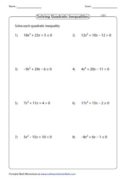 Quadratic Inequalities Worksheets