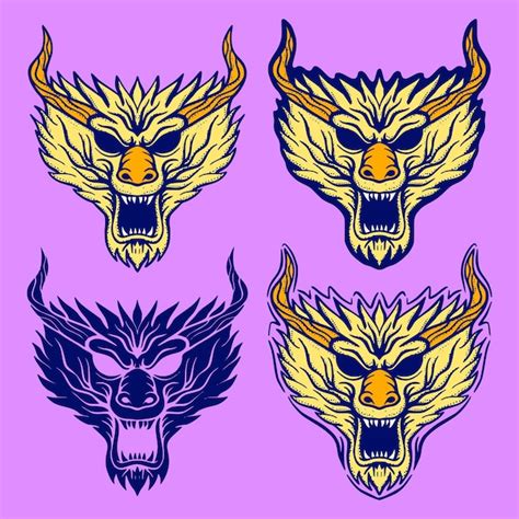 Premium Vector | Collection set dragon head illustration hand drawn ...