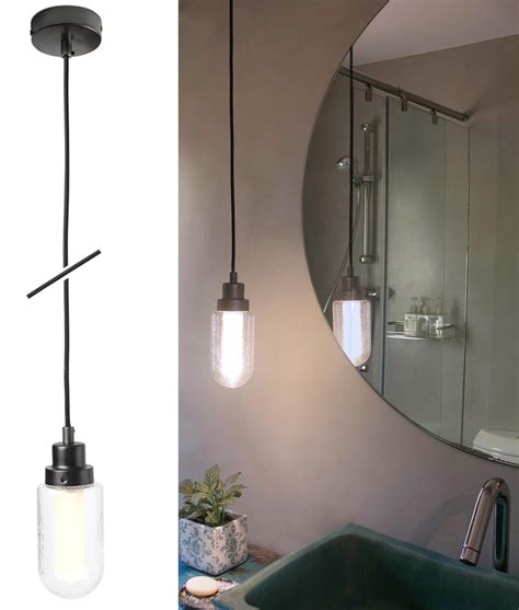 Long Drop Pendant Light for Bathrooms in Gunmetal with Crackle Glass - LED IP44