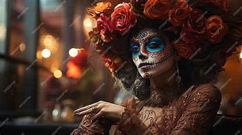 Premium AI Image | Woman in La Calavera Catrina Costume with Smoking Skull