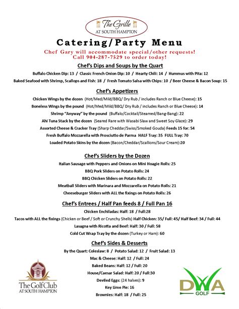 Catering/Party Menu - The Golf Club at South Hampton