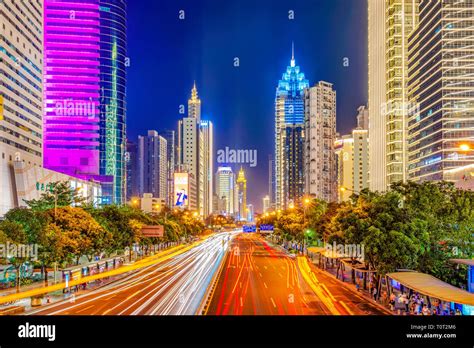 SHENZHEN, CHINA - OCTOBER 28: This is a night view of modern city ...