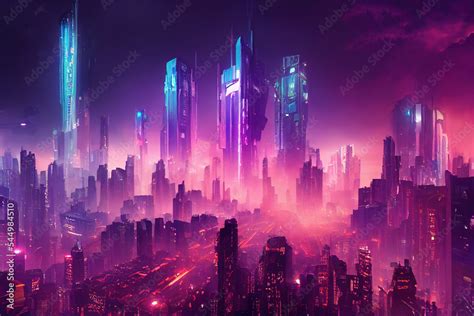 Illustrazione Stock Cyberpunk city with skyscrapers, futuristic ...