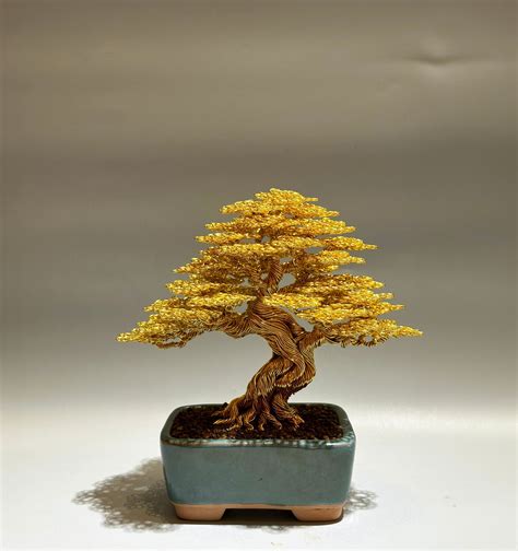 Wire Bonsai Tree Gold Leaves, Wire Tree Sculpture, Tree of Life, Copper ...