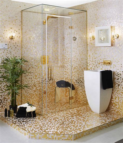 Steam shower decorated with gold and pink Bisazza mosaic fade ...