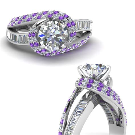 Swirl Halo Diamond And Purple Topaz Engagement Ring With Baguette In 14K White Gold ...