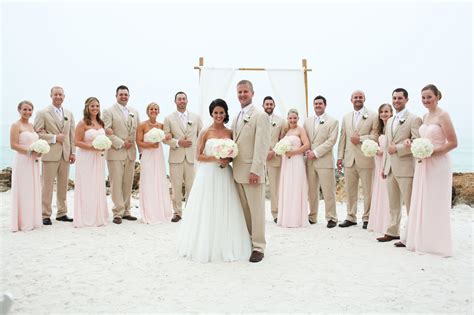 Blush bridesmaids and tan groomsmen suits - blush beach wedding - soft pink beach wedding ...