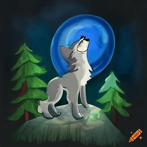 Furry wolf howling at the moon in crayon drawing on Craiyon