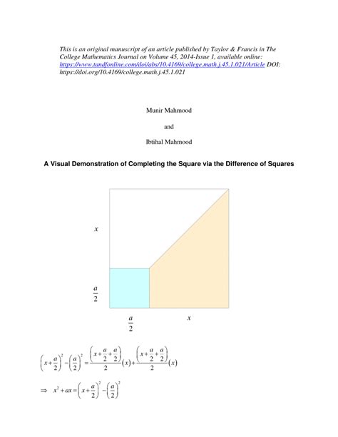 (PDF) Proof Without Words: Completing the Square via the Difference of Squares