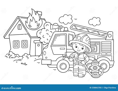 Coloring Page Outline of Cartoon Fire Truck with Fireman or Firefighter ...