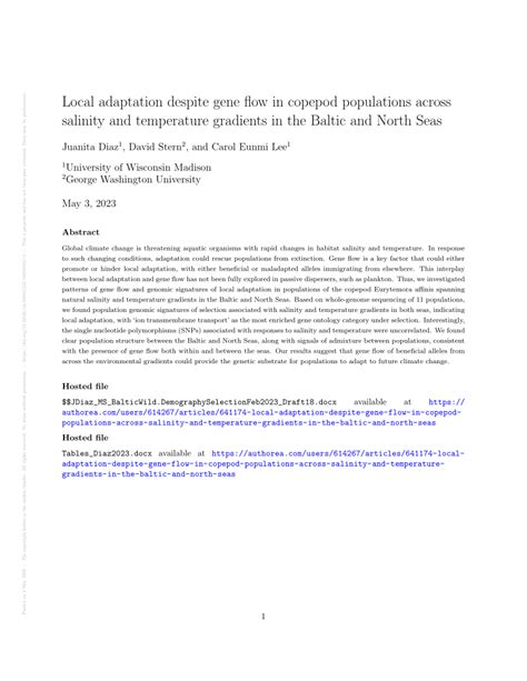 (PDF) Local adaptation despite gene flow in copepod populations across ...