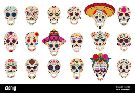 Dia de los muertos skulls. Day of the dead festival skulls, floral sugar human head bones vector ...