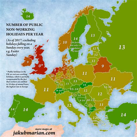 Number of Public Holidays in Europe - 2017 [1600 x 1600] | Map, Europe map, Non working holiday