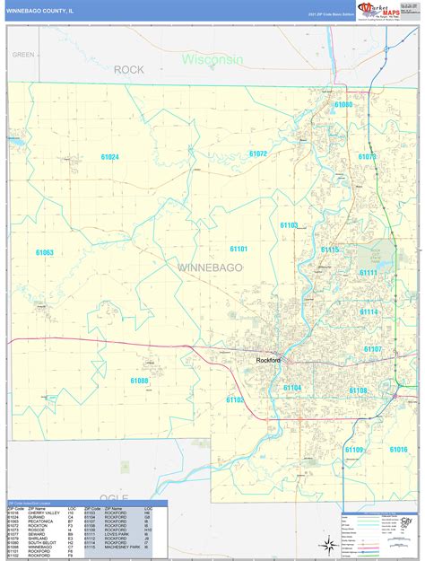 Winnebago County, IL Zip Code Wall Map Basic Style by MarketMAPS