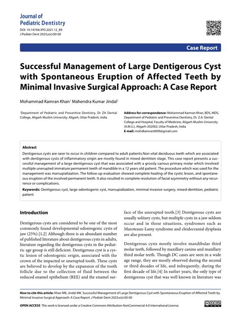 (PDF) Successful Management of Large Dentigerous Cyst with Spontaneous Eruption of Affected ...