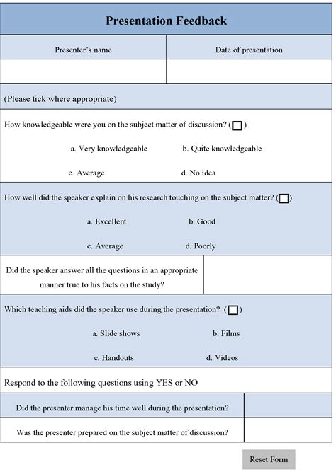 Presentation Feedback Form | Editable PDF Forms