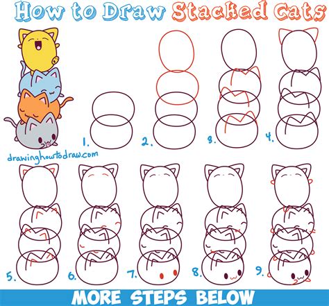 Easy Drawings: How to Draw Cute Kawaii Cats Stacked on Top of Each Other – Easy Step by Step ...
