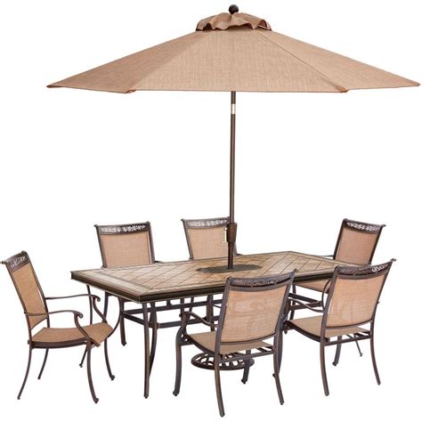 Hanover Fontana 7-Piece Aluminum Rectangular Outdoor Dining Set with Tile-Top Table, Umbrella ...