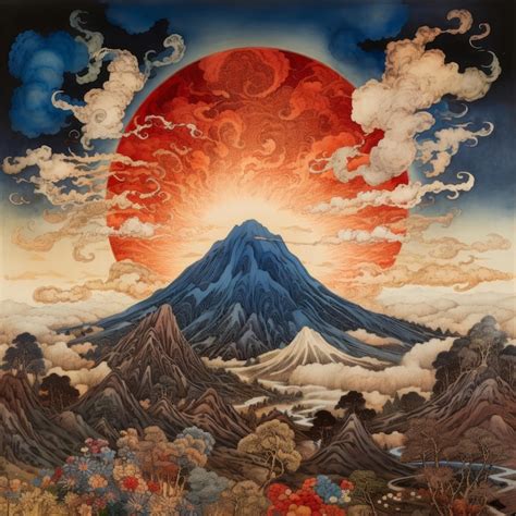 Premium Photo | The Heavenly Eruption Hokusai's Distant Mountain View ...