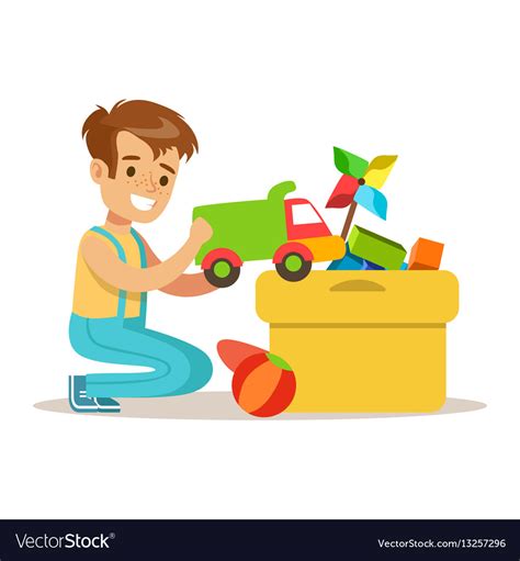 Little boy and many toys in a box part Royalty Free Vector