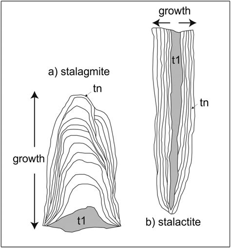 Sketch of growth mode of stalagmites and stalactites. T1 and tn are ...