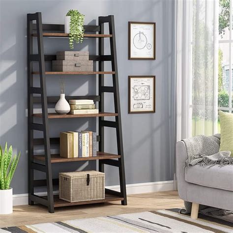 COSTWAY 4/5 Tier Wall Rack, Wooden Display Ladder Shelf, Bookcase Leaning Shelving Unit ...