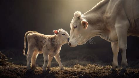 Tender Moment between a Cow and Calf in a Golden Light, Farm Animals ...