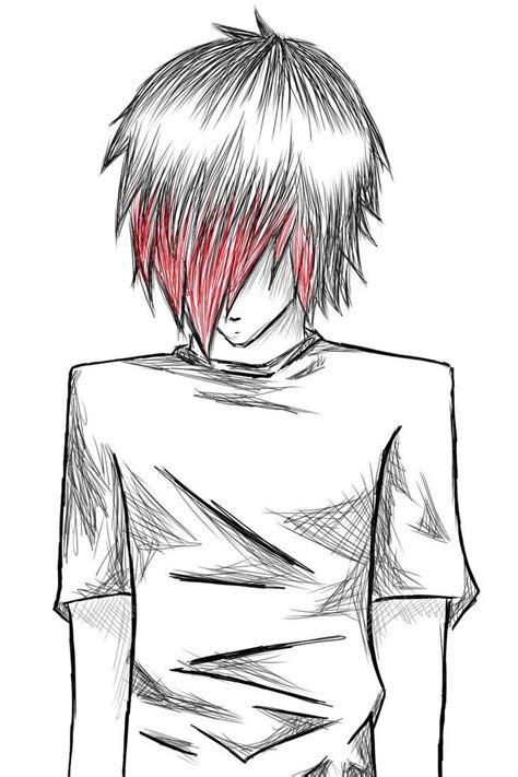 a drawing of a person with short hair and red streaks on his face, looking to the side