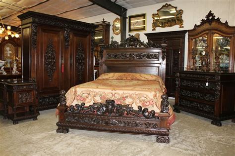 Superb Quality Italian Walnut Five Piece Bedroom Suite. Carved Queen Bed with tall Headbo ...