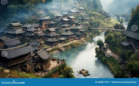 Beautiful Village in China Mountain Scenery with a Flowing River and a ...