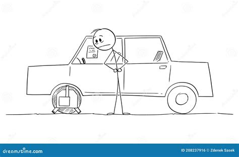 Man Or Driver Watching Wheel Clamp On Parked Car, Vector Cartoon Stick Figure Illustration ...