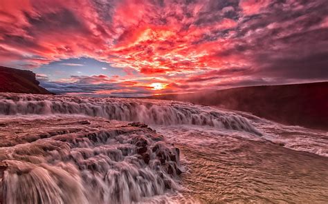 Download Waterfall Sea Ocean Red Pink Cloud Sky Nature Sunset HD Wallpaper