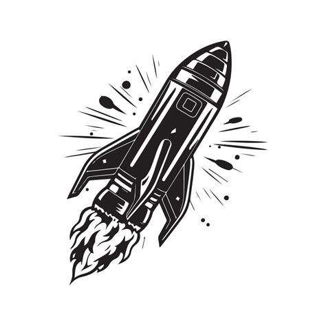 rocket flying up, vintage logo line art concept black and white color ...