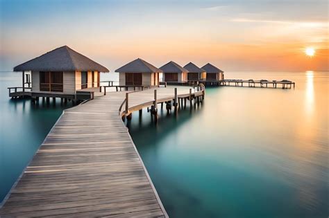 Premium Photo | A row of beach huts on the water at sunset