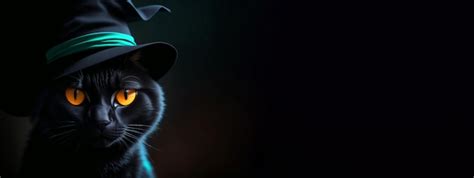 Premium AI Image | Panoramic banner with black cat wearing a witch's hat on black background ...