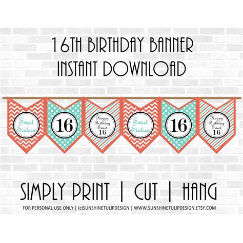 Printable 16th Birthday Party Banner, Sweet 16 Birthday Banner, Coral ...