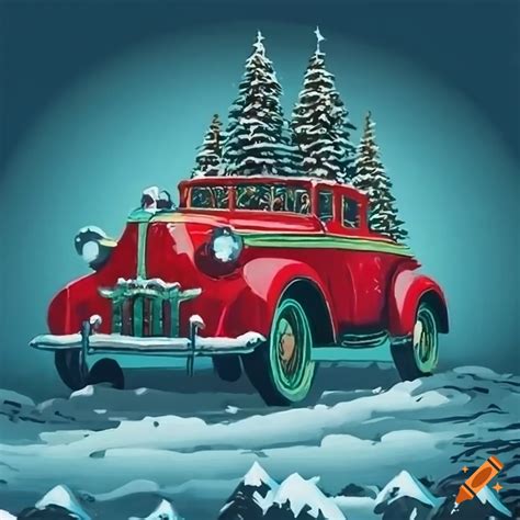 Art nouveau style illustration of santa claus riding a vintage car in the snow on Craiyon