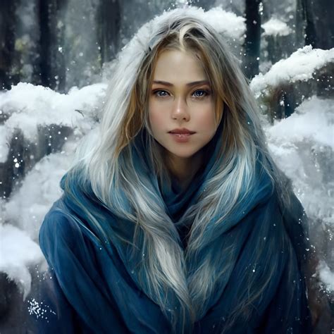 prompthunt: skadi the winter goddess, blue eyes, blonde hair, drawing, snowy forest background, 4k