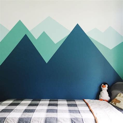 Boys bedroom painted mountain wall mural DIY and buffalo check quilt ...