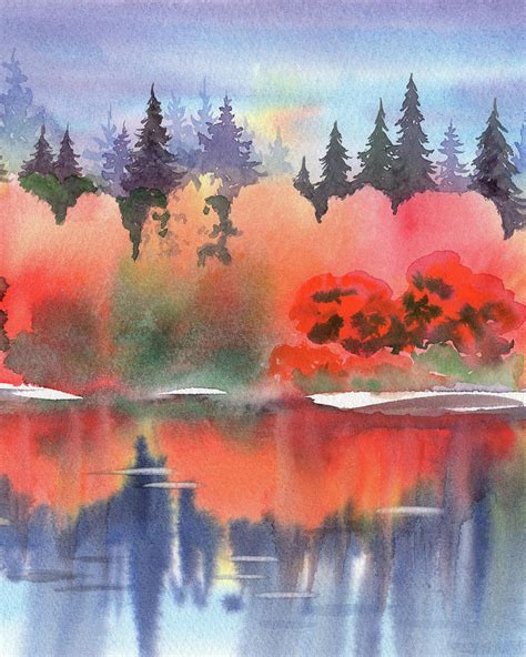 Fall Reflections Watercolor Autumn Landscape With Trees Painting by Irina Sztukowski