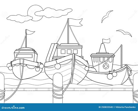 Three Ships at the Pier. Boat Dock. Children Coloring Book. Stock Illustration - Illustration of ...