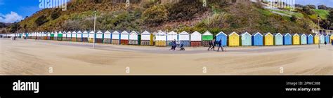 Panoramic view of beach huts on Durley Chine Beach, Bournemouth, Dorset, UK Stock Photo - Alamy