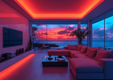 Premium Photo | Neon lights with minimalist furniture living room ...