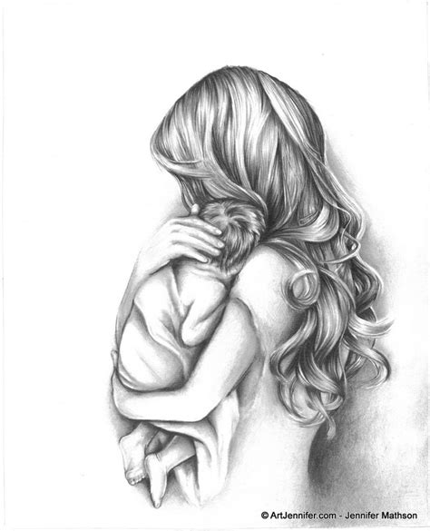 Tender Moment Mother Holding Child Drawing - ArtJennifer | Tattoos | Mother, daughter drawing ...