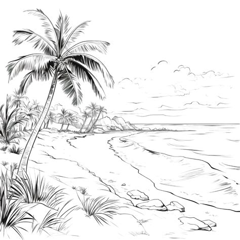 Beach Scenery Black Sketch Outline With Palm Tree And Ocean Beach Clipart, Beach, Palm Tree ...