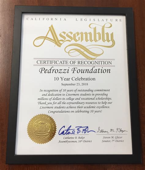 2018 California Legislature Assembly Certificate of Recognition – Pedrozzi Foundation