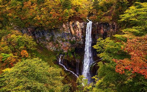 Kegon Falls in Early Autumn, Japan, colors, trees, river, cliff, fall ...