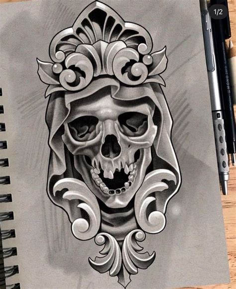 a drawing of a skull with a crown on it's head and an ornate design